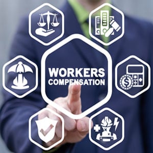 Person pointing at a 'WORKERS COMPENSATION' icon surrounded by related legal and financial symbols. - Pezzano Law Group