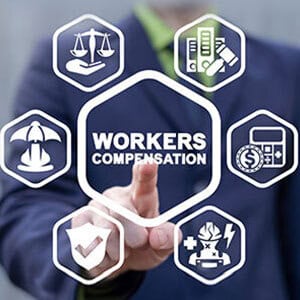 Person pointing at a 'WORKERS COMPENSATION' icon surrounded by related legal and financial symbols. - Pezzano Law Group